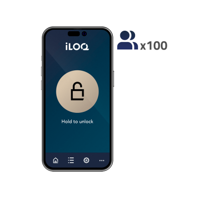 Smartphone com aplicação iLOQ a mostrar ícone de cadeado desbloqueado e texto Hold to unlock
