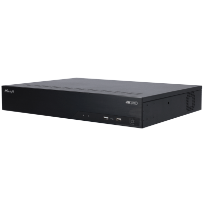 Aparelho eletrónico preto com marca Milesight e 4K UHD, portas USB e botão power