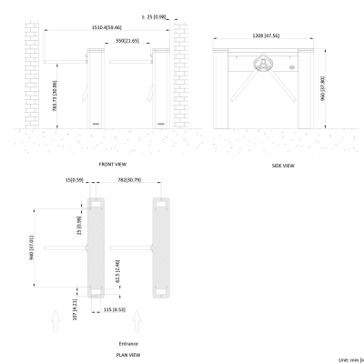 Desenho técnico de uma torneira de tripé com dimensões e vistas múltiplas