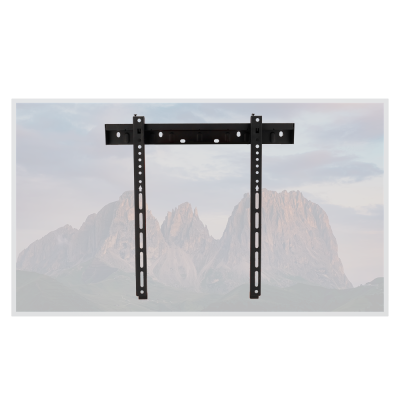 Suporte de parede para TV preto montado mostrando montanhas ao pôr do sol