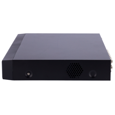 Dispositivo eletrónico preto com ventilação lateral e múltiplos conectores