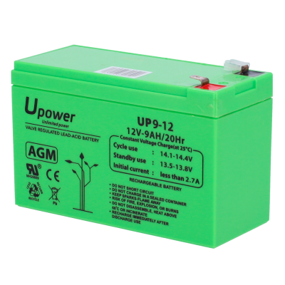 Bateria verde Upower 12V 9AH com terminais metálicos e texto técnico em preto