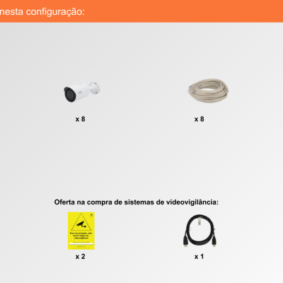 Componentes de sistema de videovigilância com câmaras, cabos, gravador, rato e placas de advertência