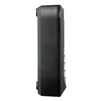 Vista lateral de calculadora preta com botões brancos