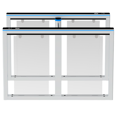 Dois quadros de vidro com armações brancas e detalhes em preto e azul