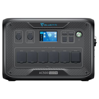 Gerador portátil BLUETTI AC500 5000W preto com saídas DC, USB e ecrã digital