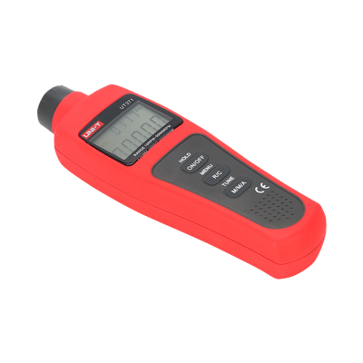 Medidor digital vermelho com display LCD e botões pretos