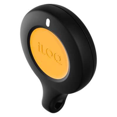 Dispositivo eletrônico preto com botão laranja iLOQ