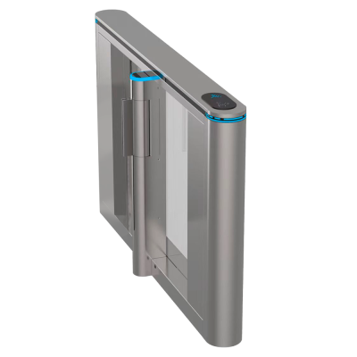 Torniquete de controlo de acesso moderno em metal cinzento com luzes azuis