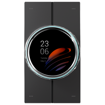 Dispositivo electrónico preto com ecrã circular mostrando a hora e data