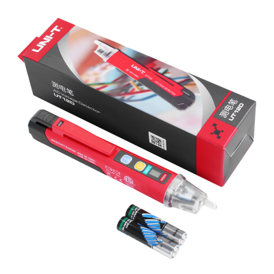 Detector voltagem AC UNi-T UT120 vermelho e preto com pilhas AA e caixa preta e vermelha