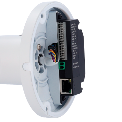 Equipamento eletrónico branco com base circular e ligações expostas