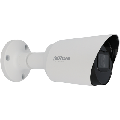 Câmara de segurança exterior branca com lente preta e proteção em forma de capuz