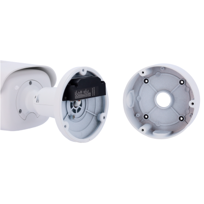 Câmara de vigilância branca com tampa removida e componente preto visível