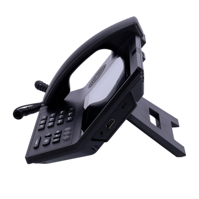 telefone de secretária preto com teclado numérico e ecrã