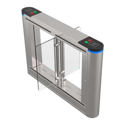 Barreira de passagem automática cinzenta com vidro transparente e luzes azuis