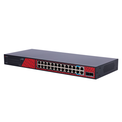 switch de rede ethernet preto com 24 portas RJ45 e 2 portas adicionais vermelho e preto