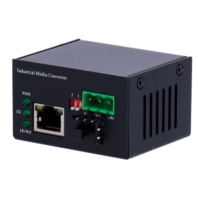 Conversor de mídia industrial preto com LEDs e conexões