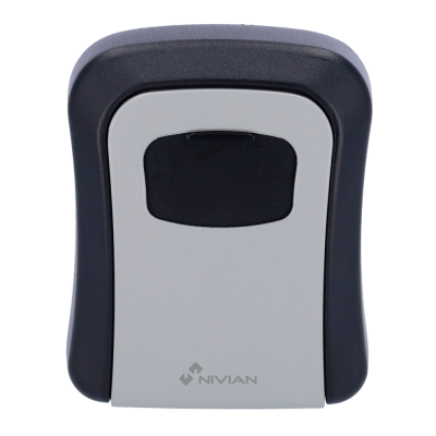 Aparelho retangular cinza e preto com texto NIVIAN