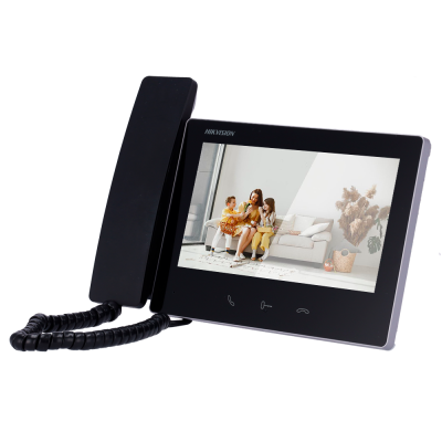 Telefone fixo preto com ecrã a cores e imagem de pessoas num sofá