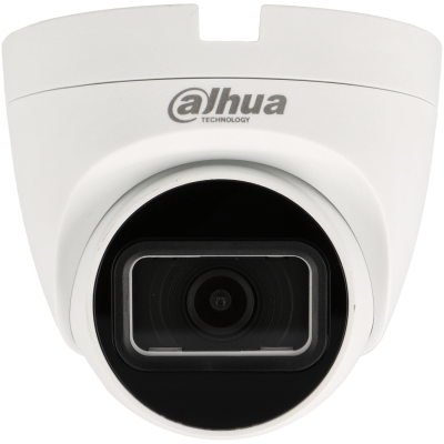 Câmara de segurança Dahua branca com lente preta e texto na parte superior