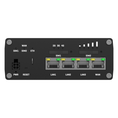 Equipamento de rede preto com portas e indicadores de sinal