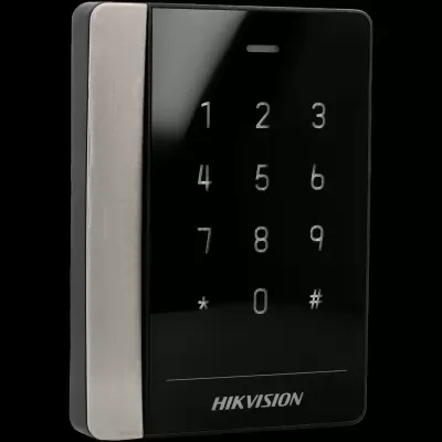 Leitor de código táctil preto com botões numéricos e lateral prateada