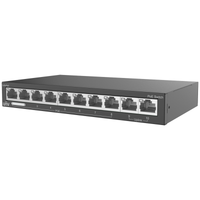 Switch PoE preto Uniview com 10 portas RJ45 e texto visível