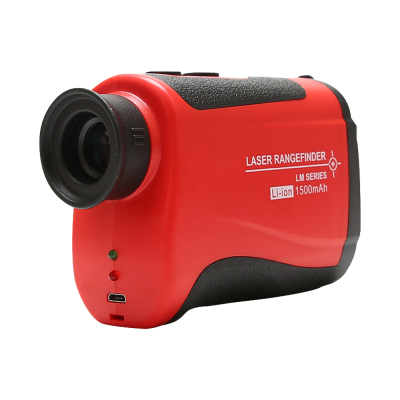 Medidor de distância a laser vermelho e preto com texto e indicadores LED