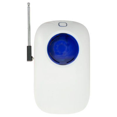 Dispositivo branco com botão azul circular e antena metálica