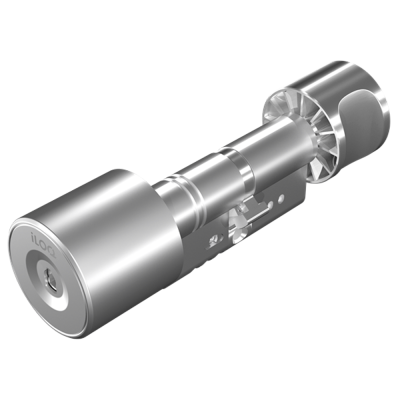 Cilindro de fechadura metálico prateado com a palavra iLOQ