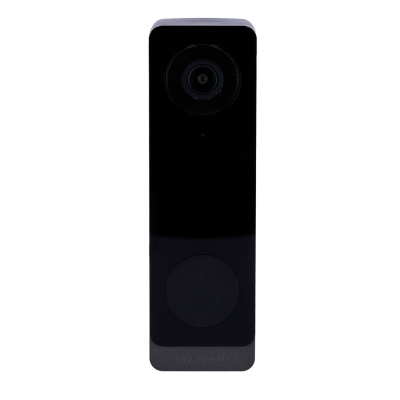 Dispositivo eletrónico preto com lente e botão circular