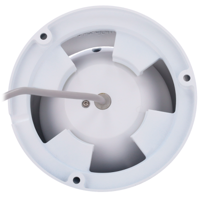 Vista inferior de uma câmara de segurança branca com cabo e parafuso