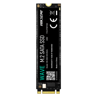 SSD M.2 SATA WAVE preto com texto e código QR sobre fundo branco