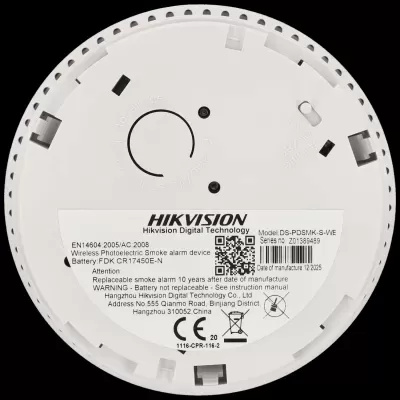 Sensor de incêndio redondo branco Hikvision com etiquetas e textos técnicos