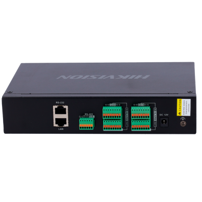 Dispositivo eletrônico preto com várias portas e etiquetas, marca HIKVISION