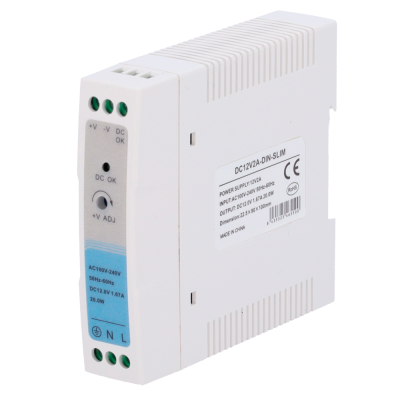 Fonte de alimentação DIN Slim branca com portações e etiquetas visíveis