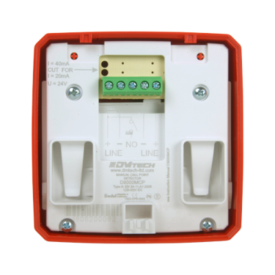 Dispositivo eletrónico branco e laranja com terminais verdes e texto técnico