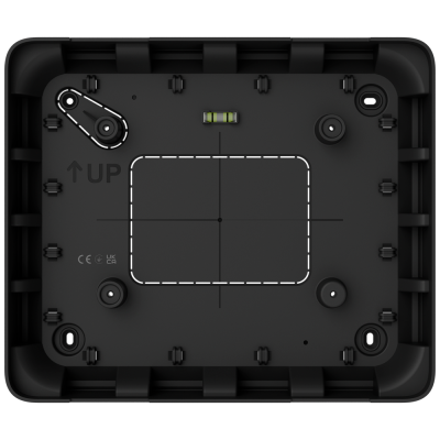 Base preta de dispositivo eletrónico com nível bolha e inscrições