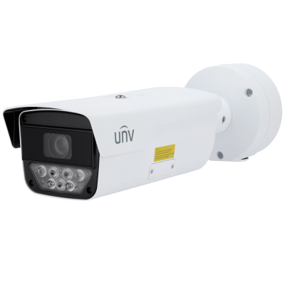 Câmara de vigilância branca com lente frontal preta e logo unv