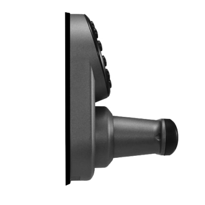 Equipamento eletrónico cinza escuro com botões e suporte cilíndrico