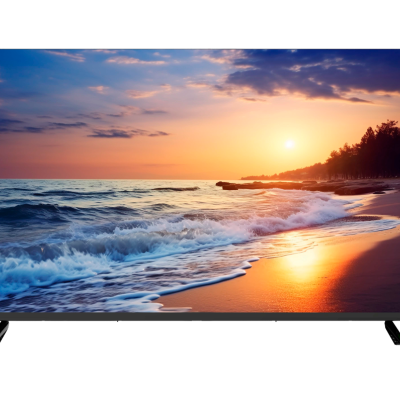 Televisor a mostrar praia ao pôr do sol com ondas e árvores