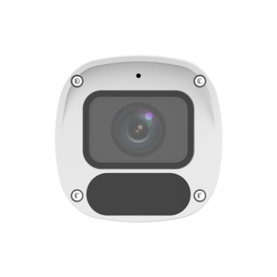 Câmara de segurança branca com lente circular e moldura preta