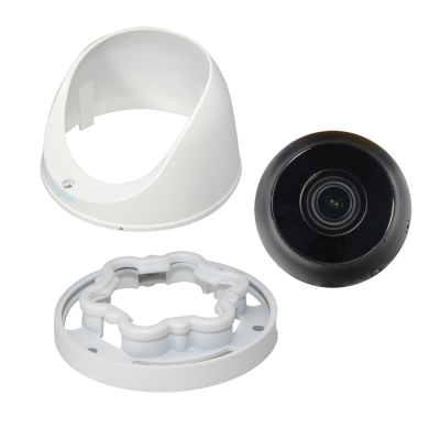 Conjunto de câmara de segurança branca e preta desmontada em três partes