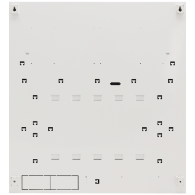 Painel quadrado branco com recortes e furos simétricos e desenhos geométricos preto