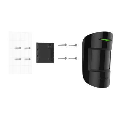 Sensor de movimento preto com parafusos em fundo branco
