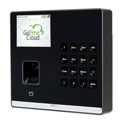 Dispositivo de controlo de acesso digital preto com ecrã a cores e leitor biométrico