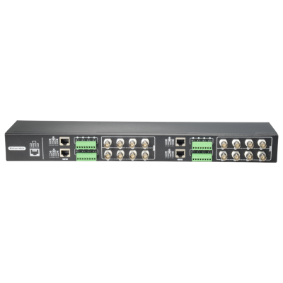 Balun Hub preto com portas RJ45, conexões BNC e blocos terminais verdes