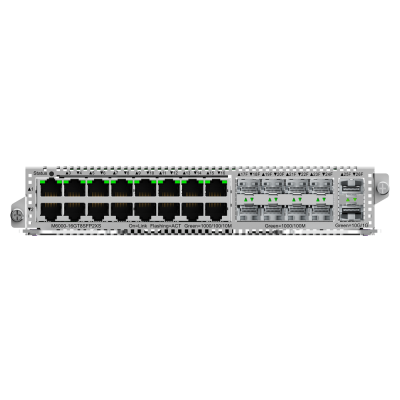 Switch de rede cinza com portas Ethernet RJ45 e SFP e LEDs indicativos