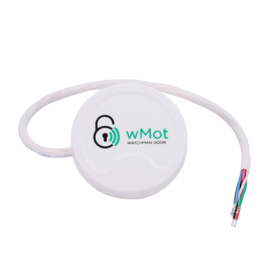 Dispositivo circular branco com cabo e fios expostos, logótipo wMot WATCHMAN DOOR
